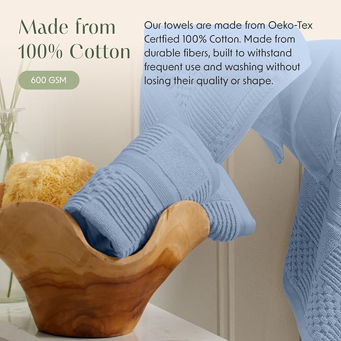 Springtree Home 100% Cotton Bath Towel Set of 4 | Blue Towels | Geometric Textured Design | Absorbent & Quick-Dry | 4 Bath Towels | Oeko-TEX® Standard 100 Cotton | Myla Collection - Blue Cashmere