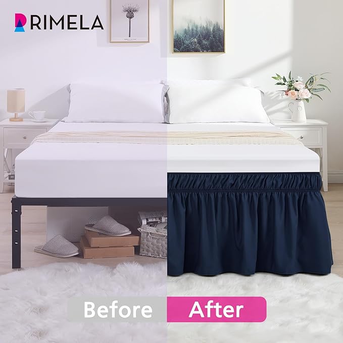 RIMELA Navy Blue Bed Skirt King Size 15 Inch Drop, Elastic Bed Skirting for Bed Base and Frame, Bedding Dust Ruffle Easy to Install, Lightweight Wrap Around Adjustable Bedskirt