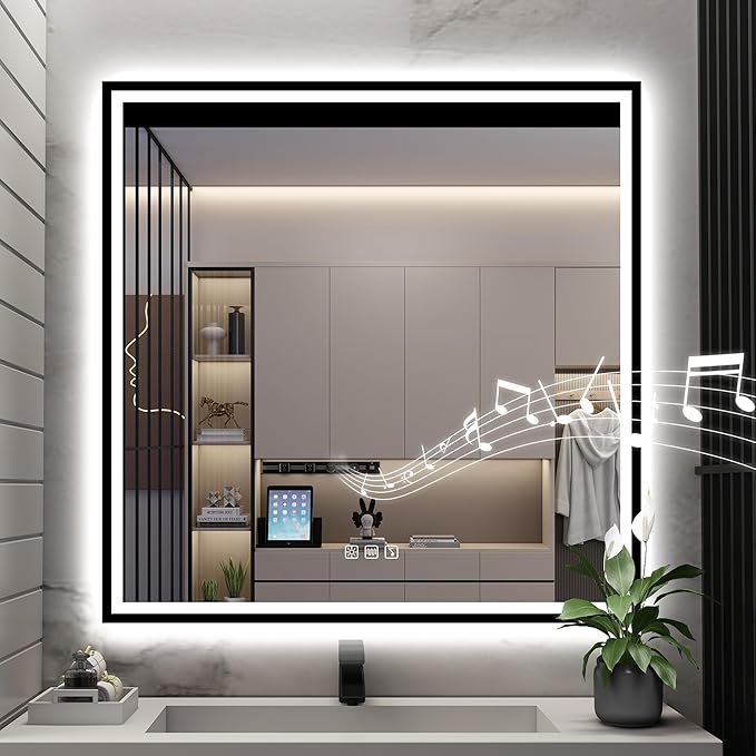 S·BAGNO 36''x36'' LED Bathroom Mirror with Lights, Bathroom Vanity Wall Mirror with Buletooth, Anti-Fog, Stepless Dimmable, 3 Colors, Tempered Glass Lighted Vanity Mirror for Bathroom