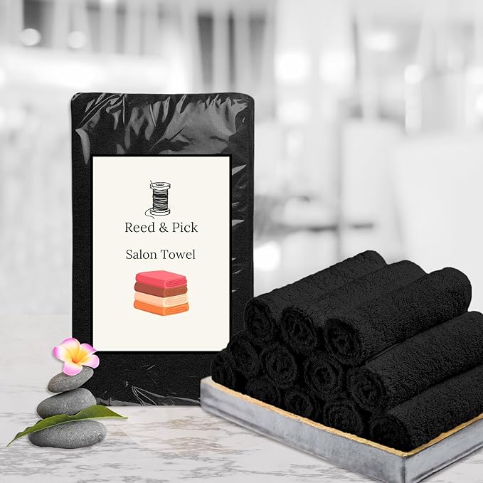 Reed&Pick 24 Pack Black Hand Towels 100% Cotton Spa Towels 16x26 inches Highly Absorbable Facial, Gym, Hair and Face Towels in Bulk