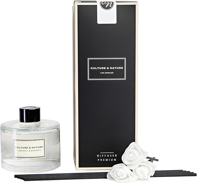 CULTURE & NATURE Reed Diffuser Set 6.7oz (200ml) Lime Basil Mandarin Scented Diffuser with Sticks Home Fragrance Reed Diffuser for Bathroom Shelf Decor