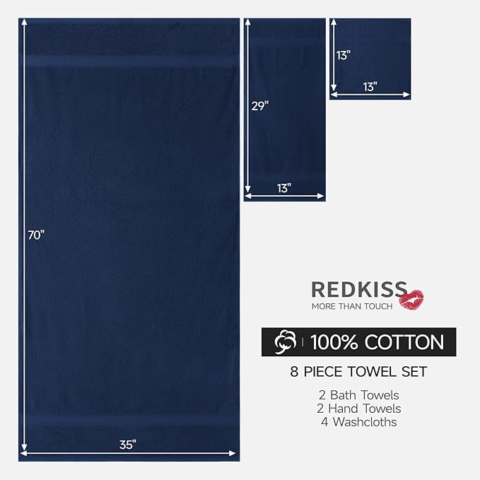 REDKISS Luxury 100% Cotton 8 Piece Bath Towel Sets, 2 Bath Sheets (35x70 in), 2 Hand, 4 Washcloths, Super Absorbent & Quick-Dry Shower Towel for Bathroom Spa Gym Hotel Yoga - Blue