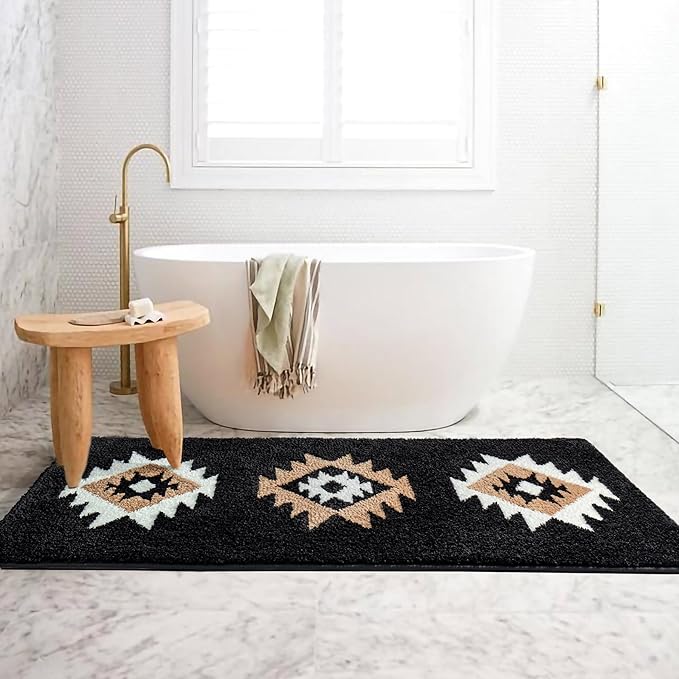 DEXDE Bathroom Runner Rug 24x60 Inch, Boho Long Bath Mat Rug for Bathroom Bedroom Hallway Kitchen Luxury Soft Absorbent Large Modern Geometric Carpet Western Farmhouse Carpet, Black
