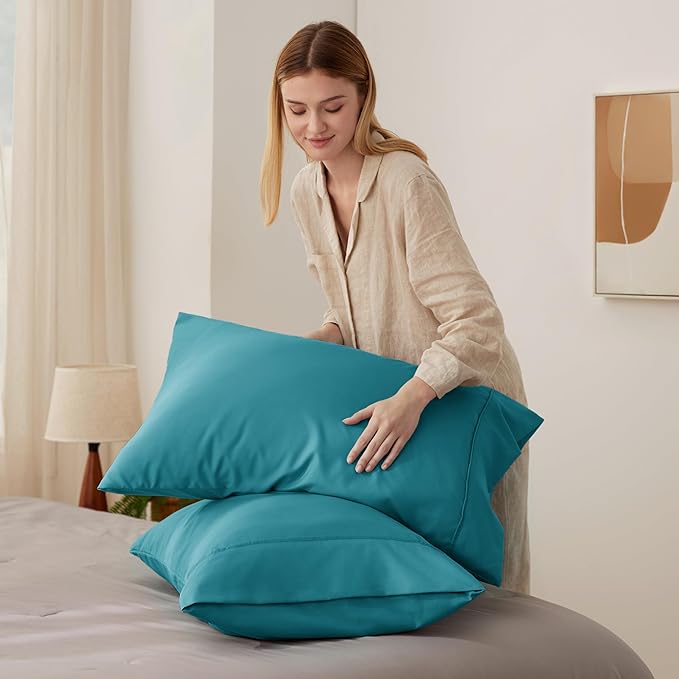 Bedsure King Size Pillow Cases Set of 2 - Teal Brushed Microfiber Pillowcases 2 Pack, Super Soft Pillow Case Cover with Envelope Closure, Wrinkle, Fade and Stain Resistant, 20x36 Inches