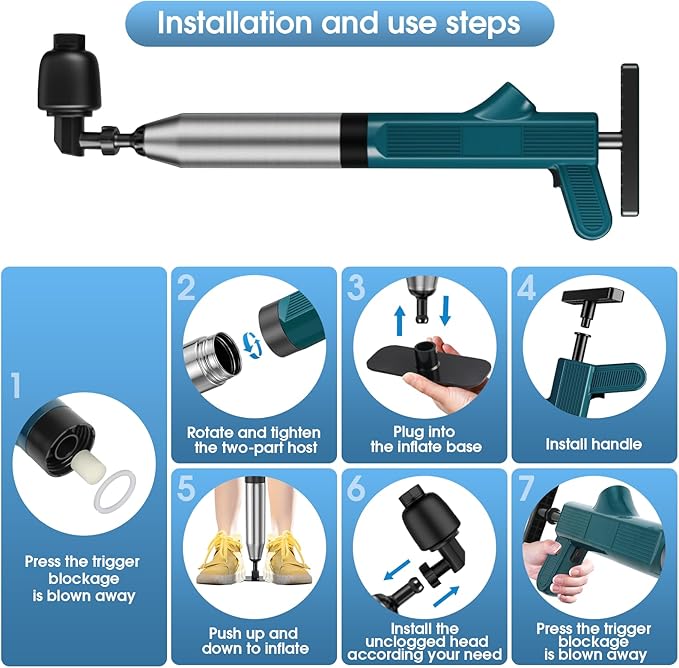 TheElves Toilet Plunger Heavy Duty Pro, Electric High Pressure Toilet Clog Remover Tool, Powerful Bathroom Plunger with Holder for Drain Cleaning - Blue
