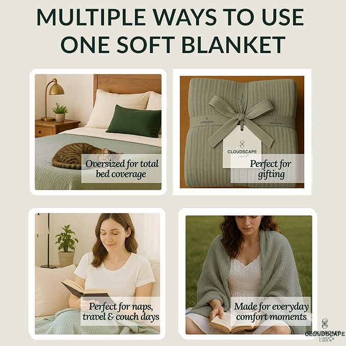 Cloud Scape Linen 8-Layer Muslin Blanket Queen Size - 100% Cotton, Soft and Breathable, Oversized Winter Blanket, Fits up to Full Size Bed, 92x92, Sage Green