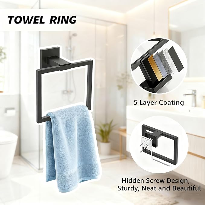 20-Piece Matte Black Bathroom Accessories Set, 16-in Bathroom Towel Rack Set, 304 Stainless Steel Bathroom Hardware Set, Robe Towel Hooks, Toilet Paper Holder Wall Mounted (20 Pcs)
