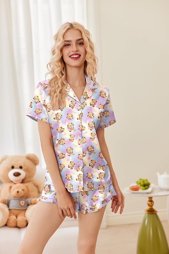 Ekouaer Womens Satin Pajamas Set Button Down 2 Piece Silk Pjs Shorts Set Ruffle Lingerie Notch Collar Sleepwear