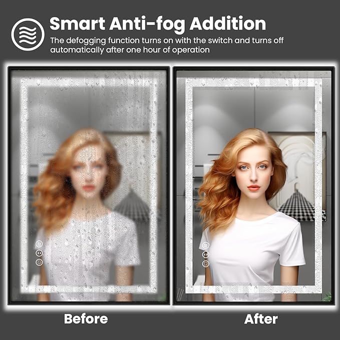 Amorho 40"X32" LED Bathroom Mirror with Black Frame, Front Light and Backlit, Stepless Dimmable, Anti-Fog, Shatter-Proof, Memory, 3 Colors, Double LED Vanity Mirror