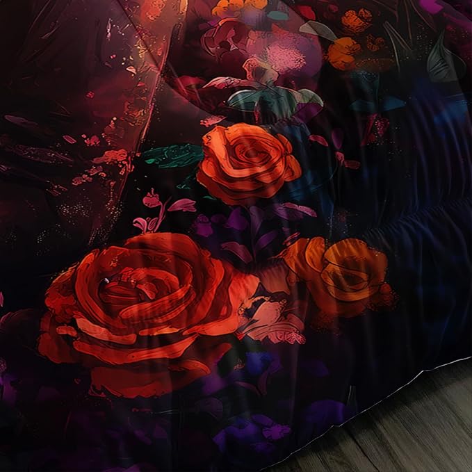 Skull Printed Comforter Set Queen Size,Skeleton Couple Embrace Bedding Romantic Flower Comforter Set for Kids Girls Room Decor,Artistic Aesthetics Bedding Set with 2 Pillowcases.