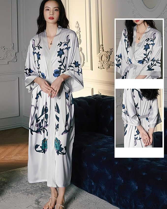 Silk Satin Robe for Women Long Japanese Kimono Robe Lightweight Soft Bathrobe Floral Luxury Dressing Gown