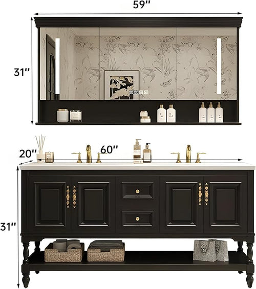 60" Double Bathroom Vanity with Sink,Freestanding Bathroom Vanity Large Storage Cabinet & Open Mirror Cabinet,4 Soft Closing Doors and 2 Drawers Solid Wood Luxury Bathroom Vanities Set,Black