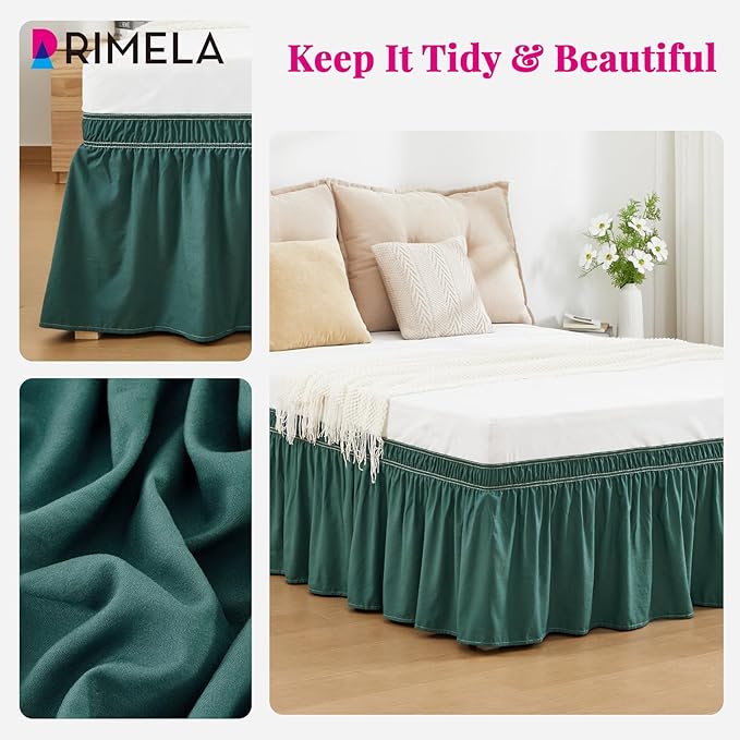 RIMELA Emerald Green Bed Skirt Queen Size 18 Inch Drop, Wrap Around Elastic Bedskirt, Dust Ruffle for Adjustable Bed Base Machine Washable Easy to Install Bed Skirts