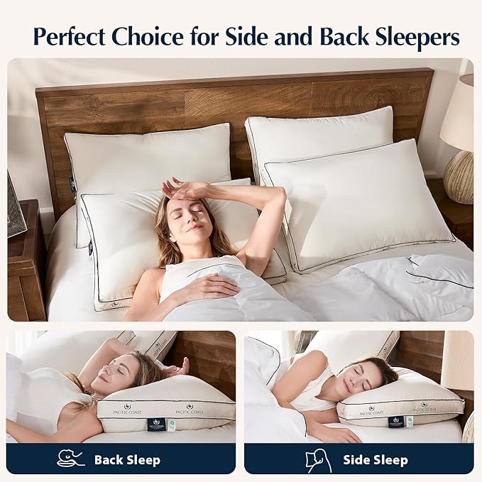 Pacific Coast Goose Feather and Down Pillows, with 100% Organic Cotton Cover, Standard Size Set of 2, Gusseted Design for Sleeping, Hotel Collection, Firm Pillows for Side and Back Sleepers