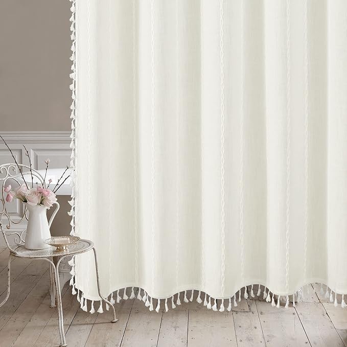 MitoVilla Boho Farmhouse Fabric Shower Curtain Set, Ivory Polyester Linen Shower Curtains for Vintage Rustic Bathroom Decor, Modern Neutral Wrinkle Resistant Cloth Shower Curtain, 72 x 72