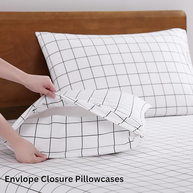 LANE LINEN 100% Organic Cotton King Size Sheets Set, Soft Breathable Sheets Percale Weave, All Season Machine Washable Hotel-Quality Mercerized Fully Elasticized Printed King Sheet Set - Windowpane