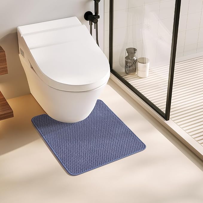 Toilet Rug, Thin Toilet Rugs U Shaped Washable Non Slip Absorbent Quick Dry Low Pile Toilet Mat, Denim Blue 20"x24" U Shape