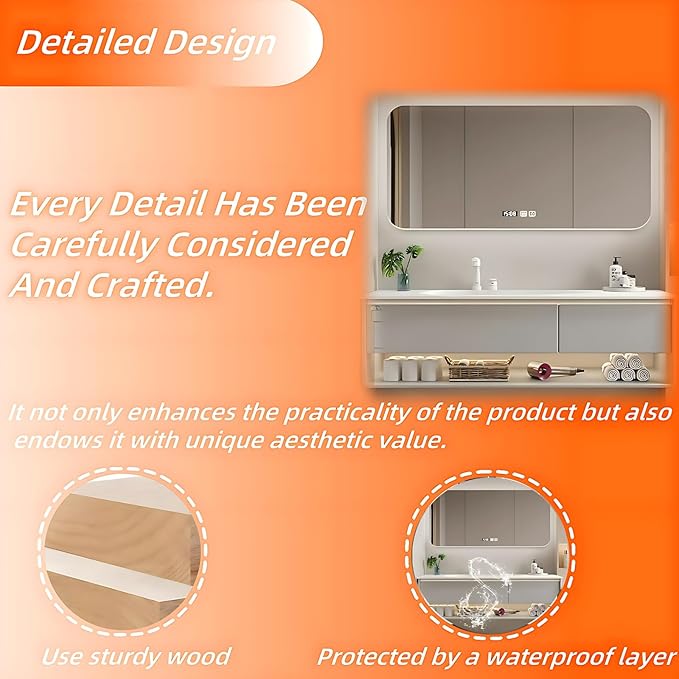 72IN Grey Bathroom Vanity Set - Floating Bathroom Vanity with Single Sink | Including LED Smart Defogging Mirror Cabinet & Time Display Function, Equipped with Motion Sensing Light Strip (Style B)