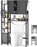 Over The Toilet Storage Cabinet with Doors - 7 Tier Bathroom Organizer with Adjustable Shelf, Freestanding Space Saver Rack Above Toilet Stand with 4 Hooks for Bathroom, Restroom, Laundry, Black