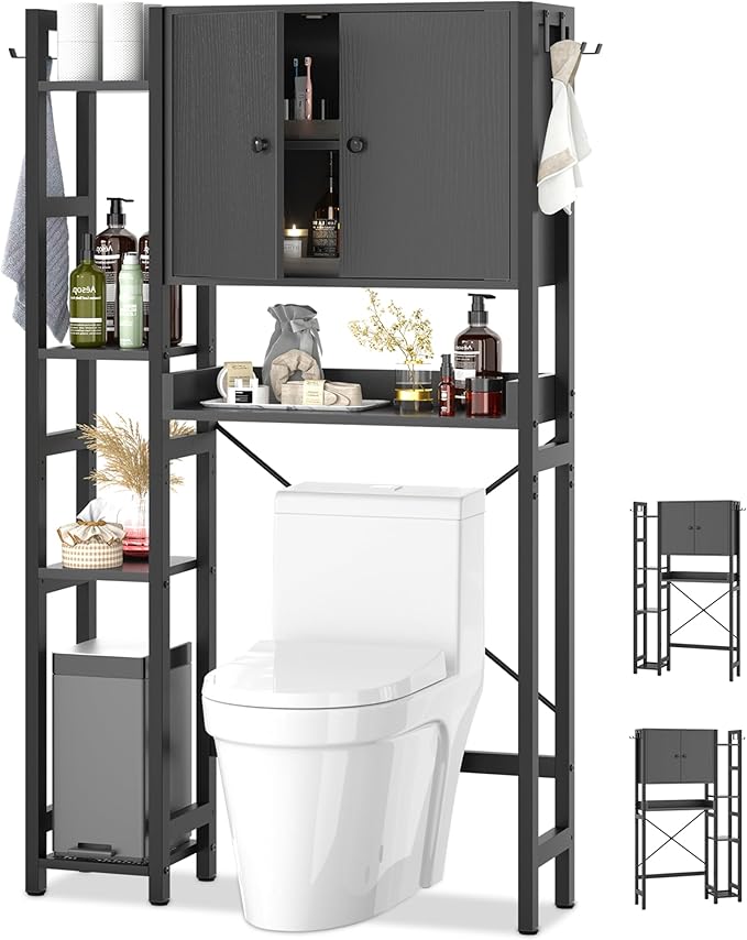 Over The Toilet Storage Cabinet with Doors - 7 Tier Bathroom Organizer with Adjustable Shelf, Freestanding Space Saver Rack Above Toilet Stand with 4 Hooks for Bathroom, Restroom, Laundry, Black