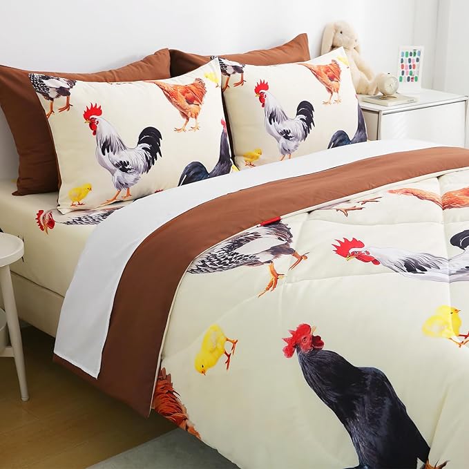 Wajade Chicken Comforter Set 7 Pcs Animal Theme Bedding Set Full Size for Kids Adults Chicken Quilt Farm Theme Printed Pattern for Thanksgiving Birthday
