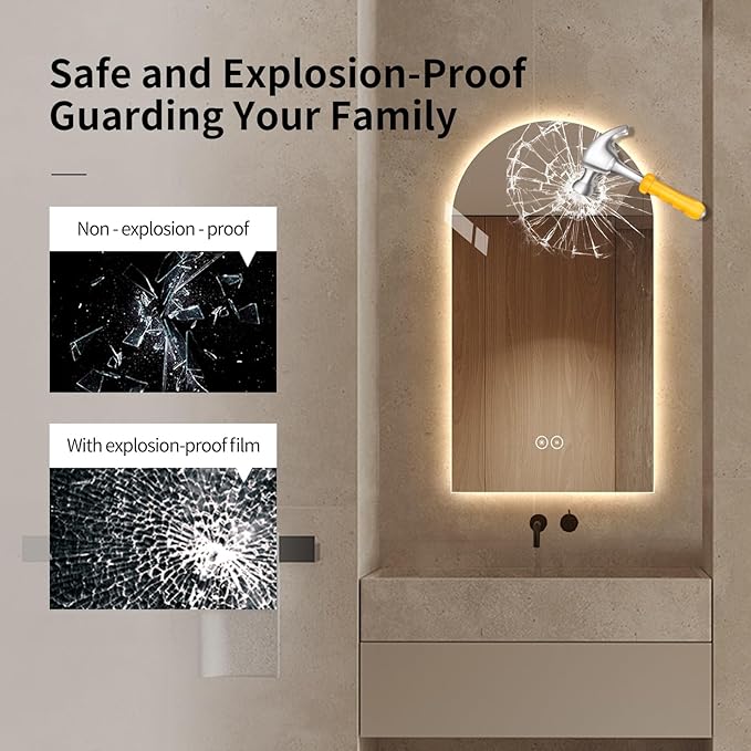 Arched Shaped LED Bathroom Mirror with dimming Lighting, 24V, 3 Color temperatures, defogger, 5MM Silver Glass (40" L x 24" W)