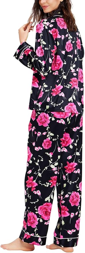 Lonxu Silk Satin Womens Pajama Sets Button Down Sleepwear Loungewear XS~3XL