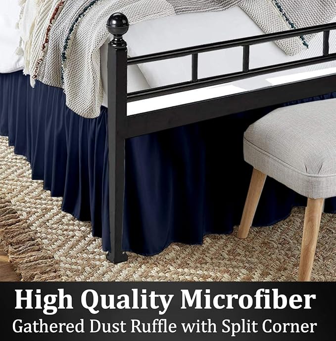 Ruffled Bed Skirt with Split Corners, Navy Blue, Queen 14 Inch Drop Bedskirt, Hotel Quality Brushed Microfiber Wrinkle Free Dust Ruffle Bed Skirt Queen Size