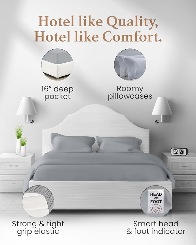 Good Sleep Bedding Cal King Sheet Set - 100% Egyptian Cotton Sheets California King Size, 4Pc, California King Sheets, Soft, California King Sheet Sets Deep Pocket Fits Upto 16" - Light Grey