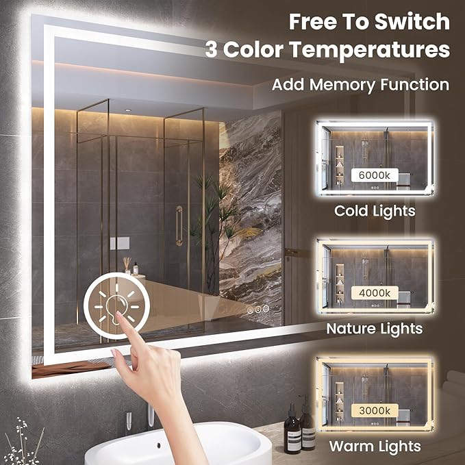 60"X30" LED Bathroom Mirror with Front Lights and Backlit, Anti-Fog, Dimmable, Shatter-Proof Tempered Glass, Lighted Bathroom Vanity Mirror for Wall with 3 Colors, Memory Function