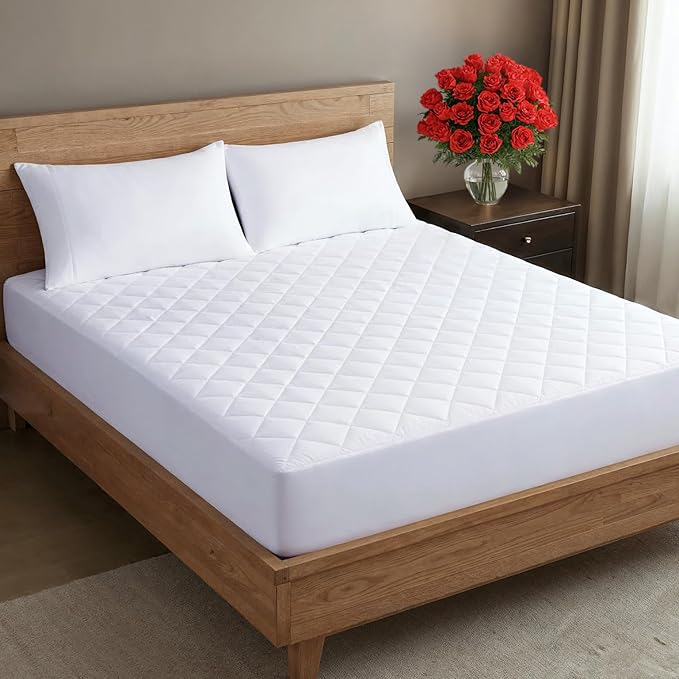 Quilted Fitted Mattress Pad Queen Size - Elastic Fitted Mattress Topper Protector & Cover - Breathable, Soft, Low Profile Top Cover with 8-16 Inch Deep Pockets - Easy-Fit & Machine Washable - White