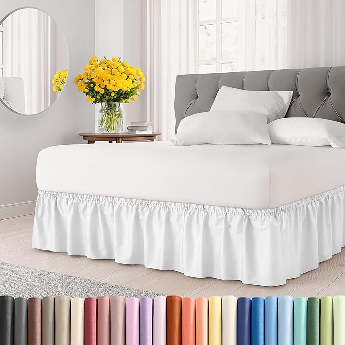 Wrap Around Dust Ruffle Bed Skirt - White - for King Size Beds w/ 16 Inch Drop - Easy Fit Elastic Strap - Adjustable Pleated Bedskirt w/Brushed Fabric, Wrinkle & Fade Free Women, Men, Kids & Teens
