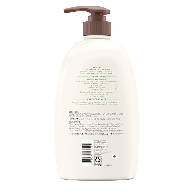 Aveeno Daily Moisturizing Body Wash for Women and Men for Dry & Sensitive Skin, Paraben, Soap & Dye-Free, Gentle Shower Cleanser, Dermatologist Recommended Brand, Lightly Scented, 33 Fl Oz