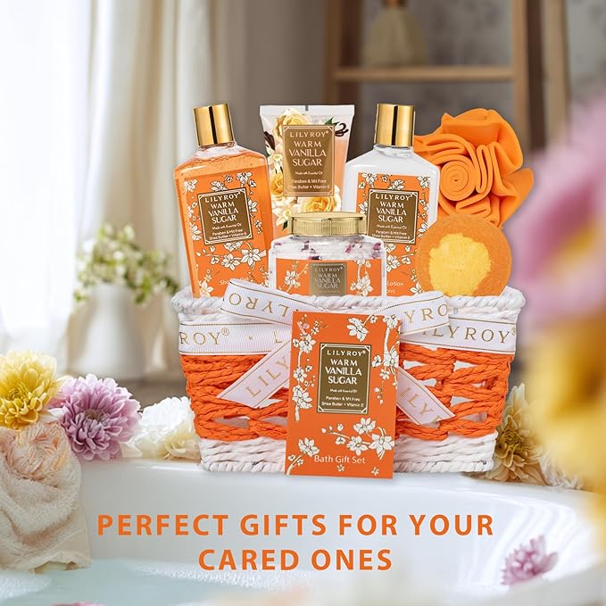 Christmas Gifts for Women - 7 Pcs Vanilla Sugar Bath and Body Gift Basket Set for Women, Spa Gift Baskets Set | Valentine's, Birthday, Mothers Day Gifts for Mom, Perfect Gift for Her All Occasion