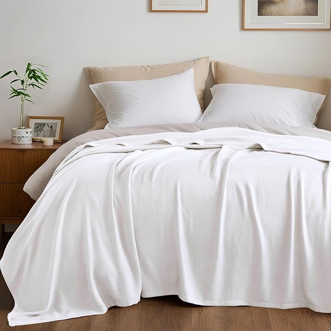 Twin Size Blanket, 70% Rayon (Derived from Bamboo) and 30% Cotton, Lightweight Jacquard Weave, Breathable and Soft Summer Blanket for Bed or Couch, 66” x 90”, White