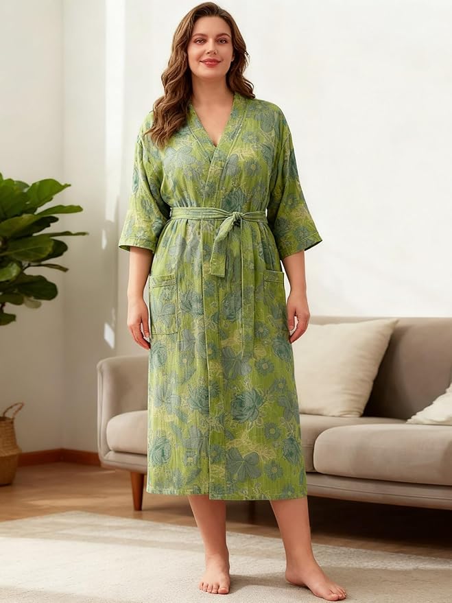 Women Cotton Double Gauze Jacquard Kimono Robe Bathrobe with Belt Pocket Comfortable Loungewear Yukata Sleepwear