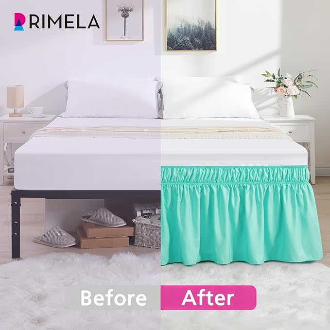 RIMELA Spa Blue Bed Skirt King Size 18 Inch Drop, Elastic Bed Skirting for Bed Base and Frame, Bedding Dust Ruffle Easy to Install, Lightweight Wrap Around Adjustable Bedskirt