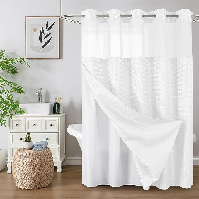 Colorful Star No Hook Shower Curtain with Snap in Fabric Liner, Waffle Weave Heavy Duty Thick Shower Curtains with Mesh Top Window, Hotel Style Waterproof Bathroom Curtain Set, 72 x 87 Inch, White