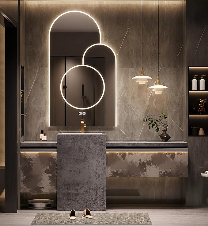 Single Sink Freestanding Bath Vanity, Modern Bath Vanity with LED Smart Mirror, 56IN Solid Wood Floating Bathroom Sink Cabinet with Marble Slate Top and Large Storage Drawer