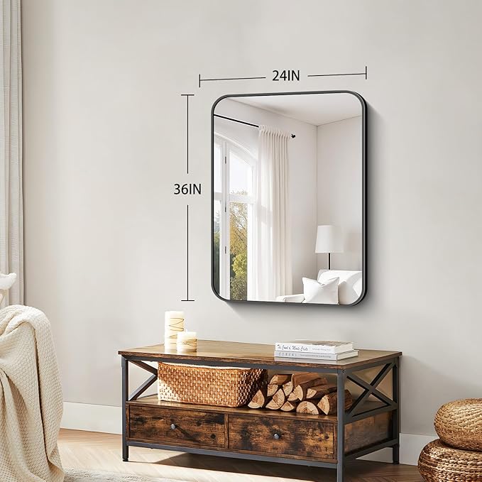 Koonmi Black Framed Bathroom Mirror - 24x36 Inch Shatterproof Tempered Glass Vanity Mirror for Bathroom Sink, Wall Mounted with Matte Aluminum Alloy Frame, No Distortion, Modern Decor