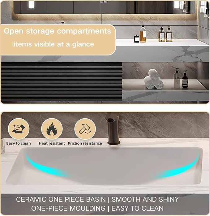 Bathroom Vanity 44 inch, Single Sink Floating Vanity Set Includes Anti-Fog LED Mirror Cabinet, Slate Countertop and Wall-Mount Sink Cabinet, Modern Bathroom Vanities(Greyish Black)