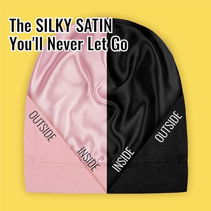 Satin Lined Sleep Cap Bonnet for Curly Hair and Braids, Stay On All Night Hair Wrap with Adjustable Strap for Women and Men, Black and Pink, Pack of 2