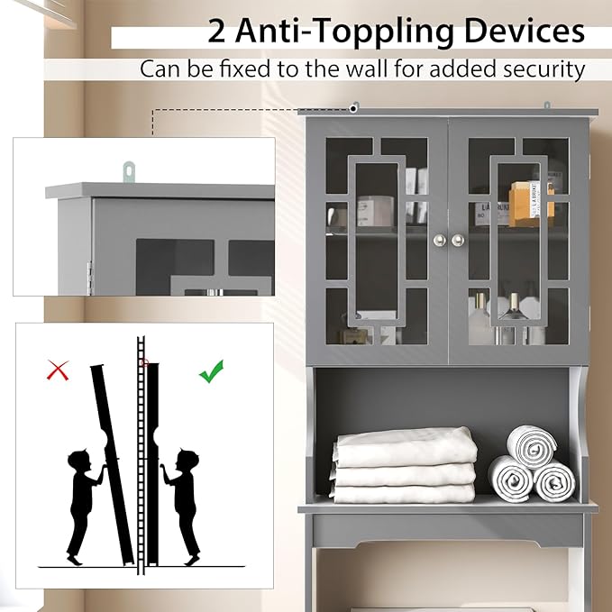 BestComfort Wooden Over The Toilet Storage Cabinet, Home Bathroom Space Saver, Double Doors, Adjustable Shelf Organizer, Open Storage Shelf, Freestanding Toilet Storage Rack Unit (Gray), Grey