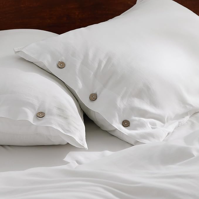 Bedsure Linen Duvet Cover Queen Size - Linen Cotton Blend Bedding Set, Soft & Cozy, 3 Pieces, 1 Duvet Cover 90x90 Inches and 2 Pillowcases, White Color Cooling Bedding, Comforter Sold Separately