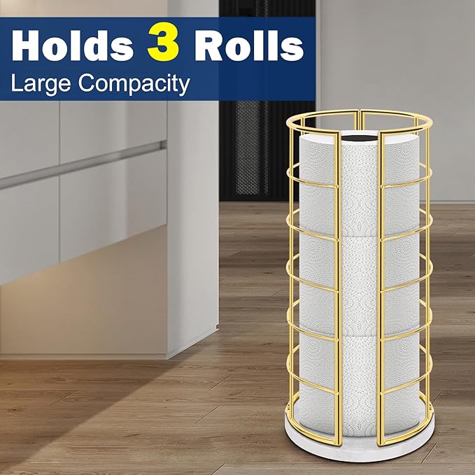 NearMoon Toilet Paper Organizer Stand, Free Standing 3 Rolls Tissue Storage, Metal Bathroom Accessory, Rustproof Toilet Roll Holder for Kitchen Countertop Inside Cabinet Shelf(Marble Base,Gold)