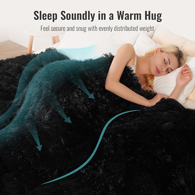 Uttermara Shaggy Faux Fur Weighted Blanket Queen Size, 15 lbs Long Fur Sherpa Soft Fluffy Bed Blanket for Adults, Ultra Cozy Warm Sherpa Throw Full/Queen Size Sofa Bed Blanket, 60 x 80 inches, Black