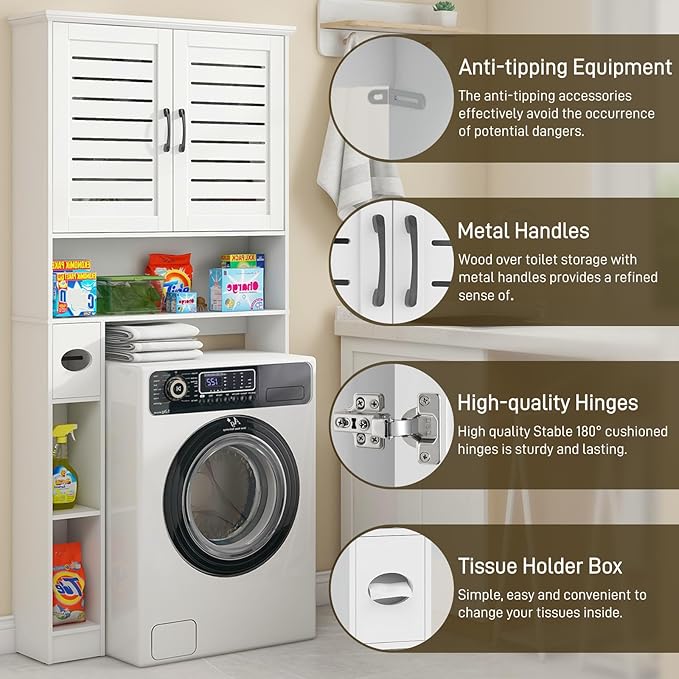 Over The Toilet Storage Cabinet, Wood Over Toilet Bathroom Organizer Cabinet with 2 Doors, Freestanding Home Space Save Toilet Rack for Restroom, Bathroom, Laundry, White