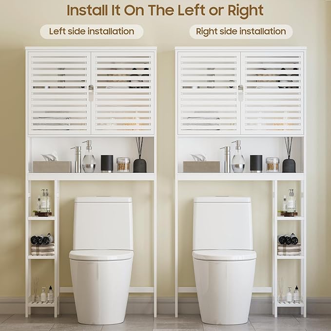 Over The Toilet Storage Cabinet, Bamboo Over Toilet Bathroom Organizer Cabinet with 2 Doors, Freestanding Home Space Save Toilet Rack for Restroom, Bathroom, Laundry, White