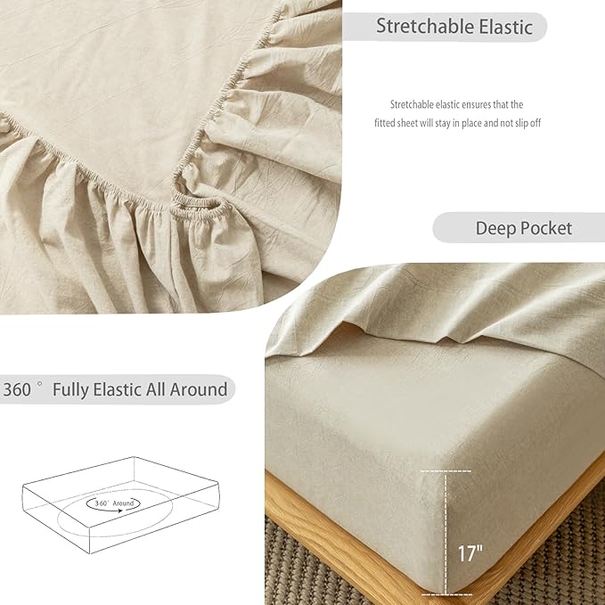 MooMee Bedding Sheet Set 100% Washed Cotton Linen Like Textured Breathable Durable Soft Comfy (Heathered Khaki, Queen)