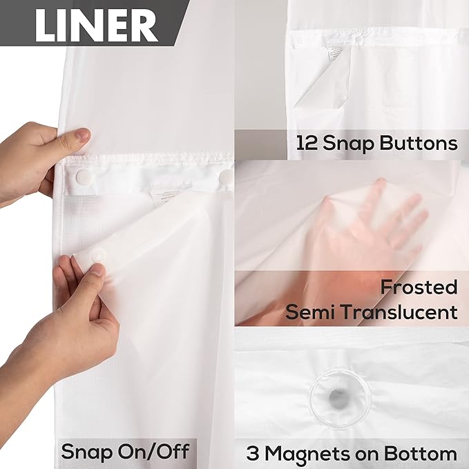 River Dream Long No Hook Slub Textured Shower Curtain with Snap-in PEVA Liner Set - 71" x 80"(78"), Hotel Style with See Through Top Window, Fabric Curtain & Waterproof Liner, White, 71x80